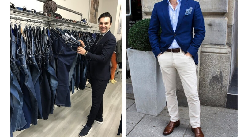 Denim showrooms and Jacob Cohen cream jeans and navy sport jacket